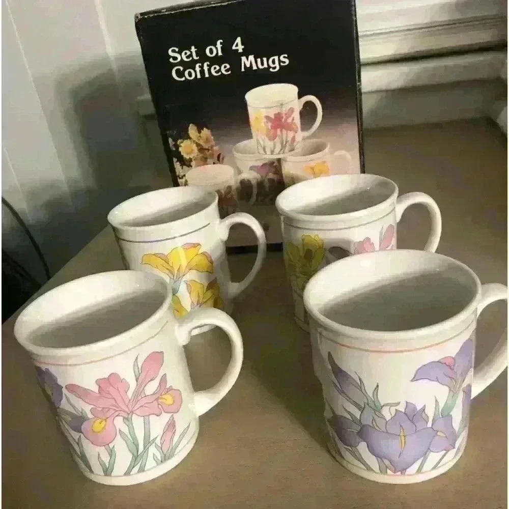 Vintage iris flower mugs, set of 4 made in Korea